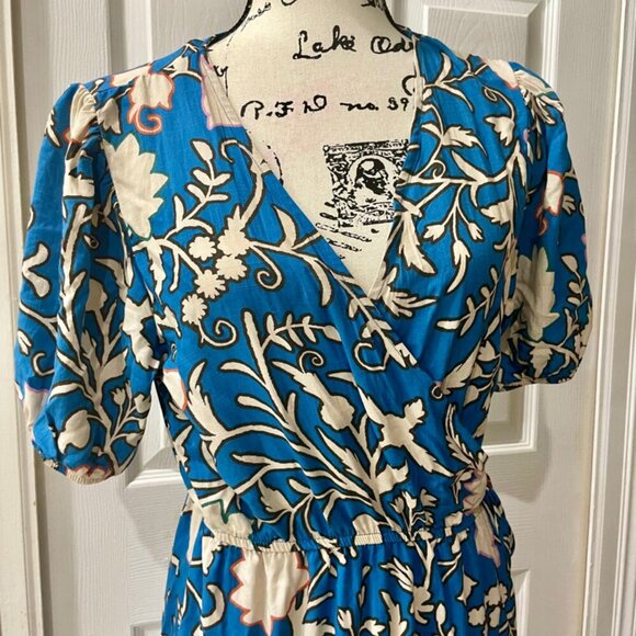 BLUE FLORAL RUFFLED WRAP MIDI DRESS BOHO CHIC SHORT SLEEVE  SZ M TRENDY - Picture 16 of 16